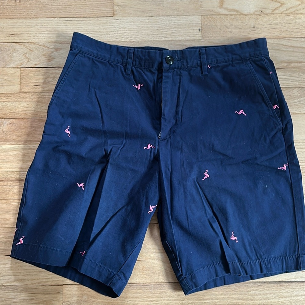 Men’s Navy shorts with pink embroidered flamingos